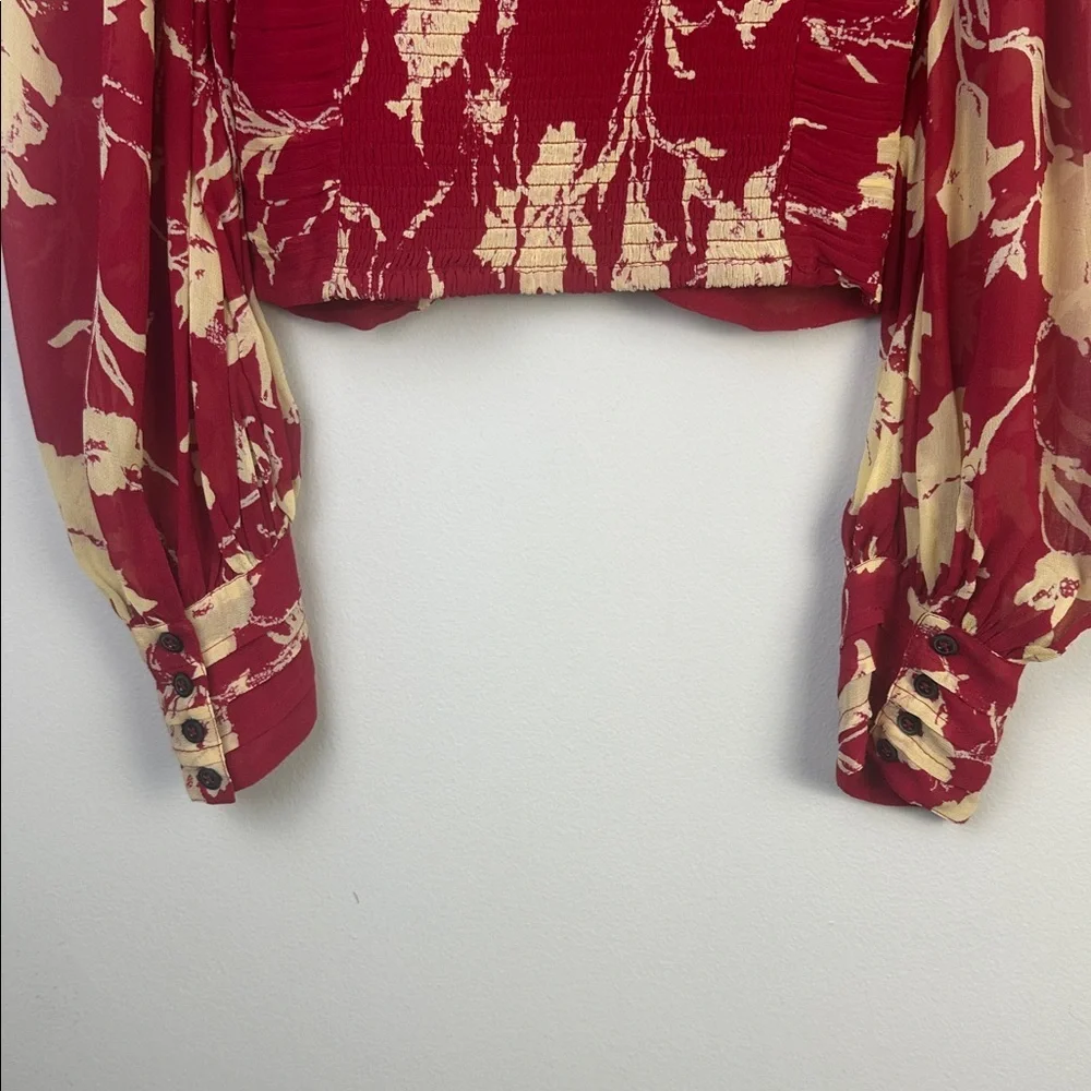 Free People Red Floral New Final Rose Cropped Shirred Blouse SM Long Sleeve Top